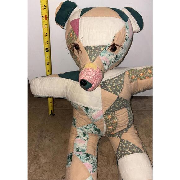 Handmade Hand Sewn Multi-Colored Quilted Patchwork Stuffed 24” Teddy Bear Vtg - Picture 2 of 12